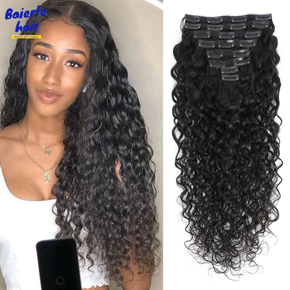 8-24 Inches Water Wave Curly C - Seamless Clip In Hair Extensions Human Hair 评论和价格
